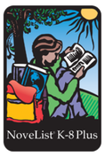 Novelist logo, a girl with a backpack full of books reading under a tree.